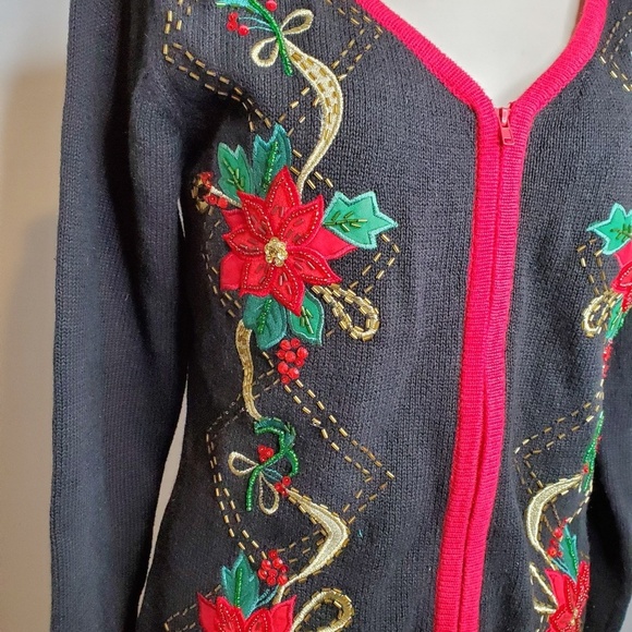 Heirloom Collections Poinsettia Beaded Cardigan - Picture 5 of 7
